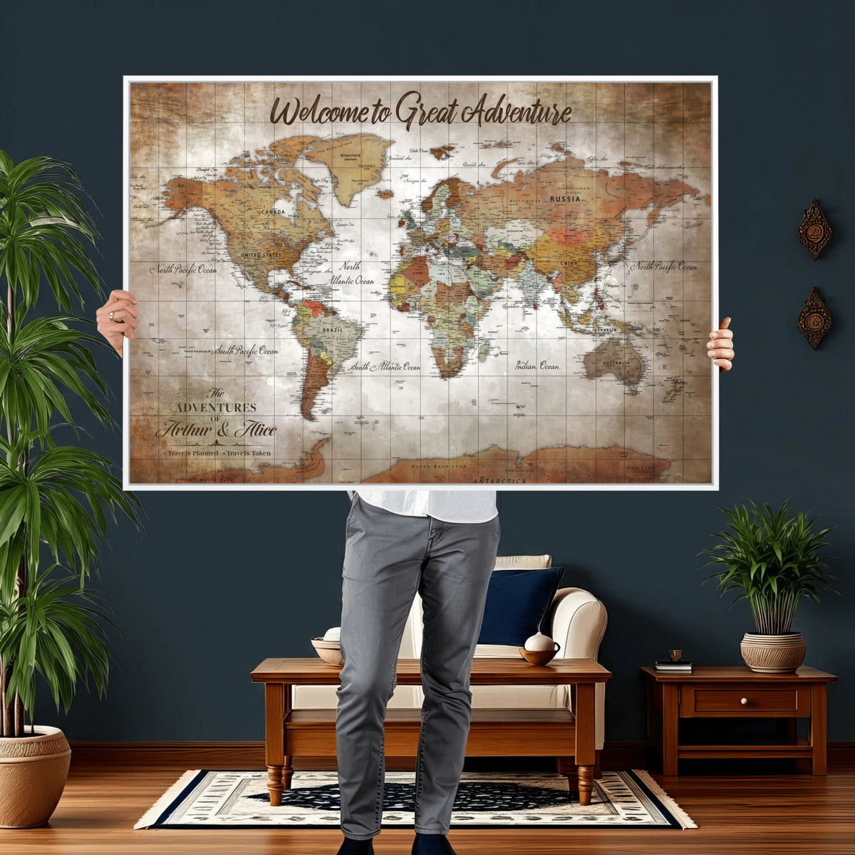 Personalized Vintage Map Wall Art Canvas Print – Custom Push