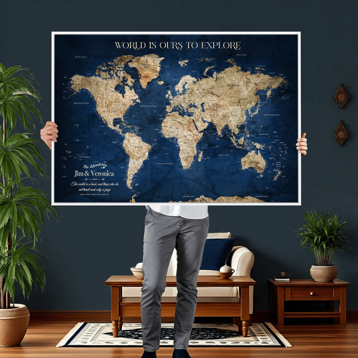 Framed Custom World Map Canvas Print - Deep Blue World Map