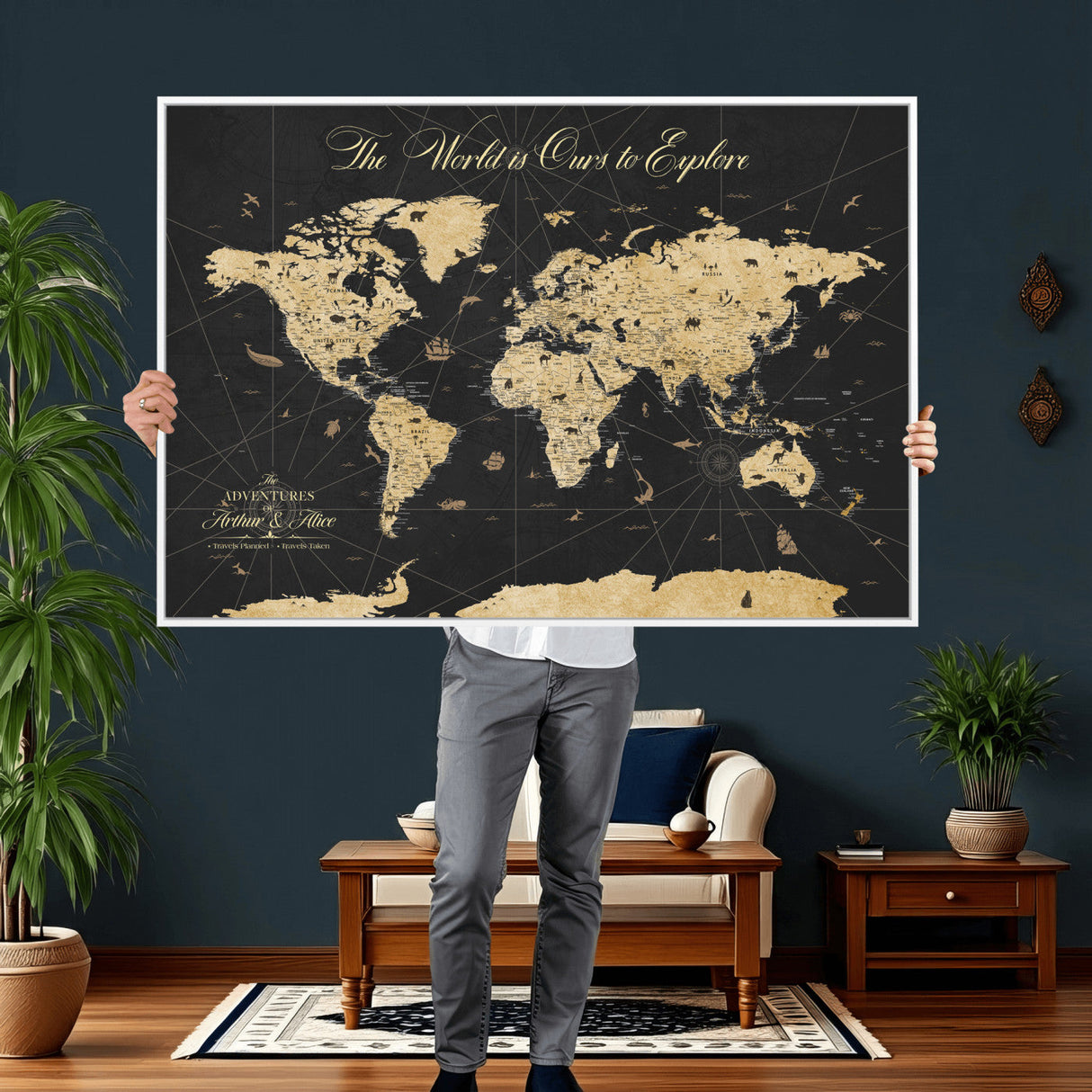 Custom Push Pin World Map Wall Art Canvas Print – Personalized Travel Tracker with Pins Framed Large for Home and Office Decor