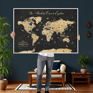 Custom Push Pin World Map Wall Art Canvas Print – Personalized Travel Tracker with Pins Framed Large for Home and Office Decor
