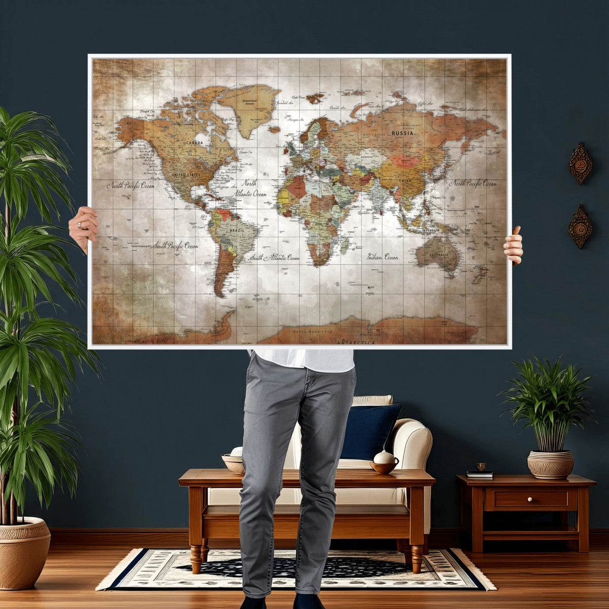 Vibrant Watercolor World Map Canvas Wall Art – Framed Travel