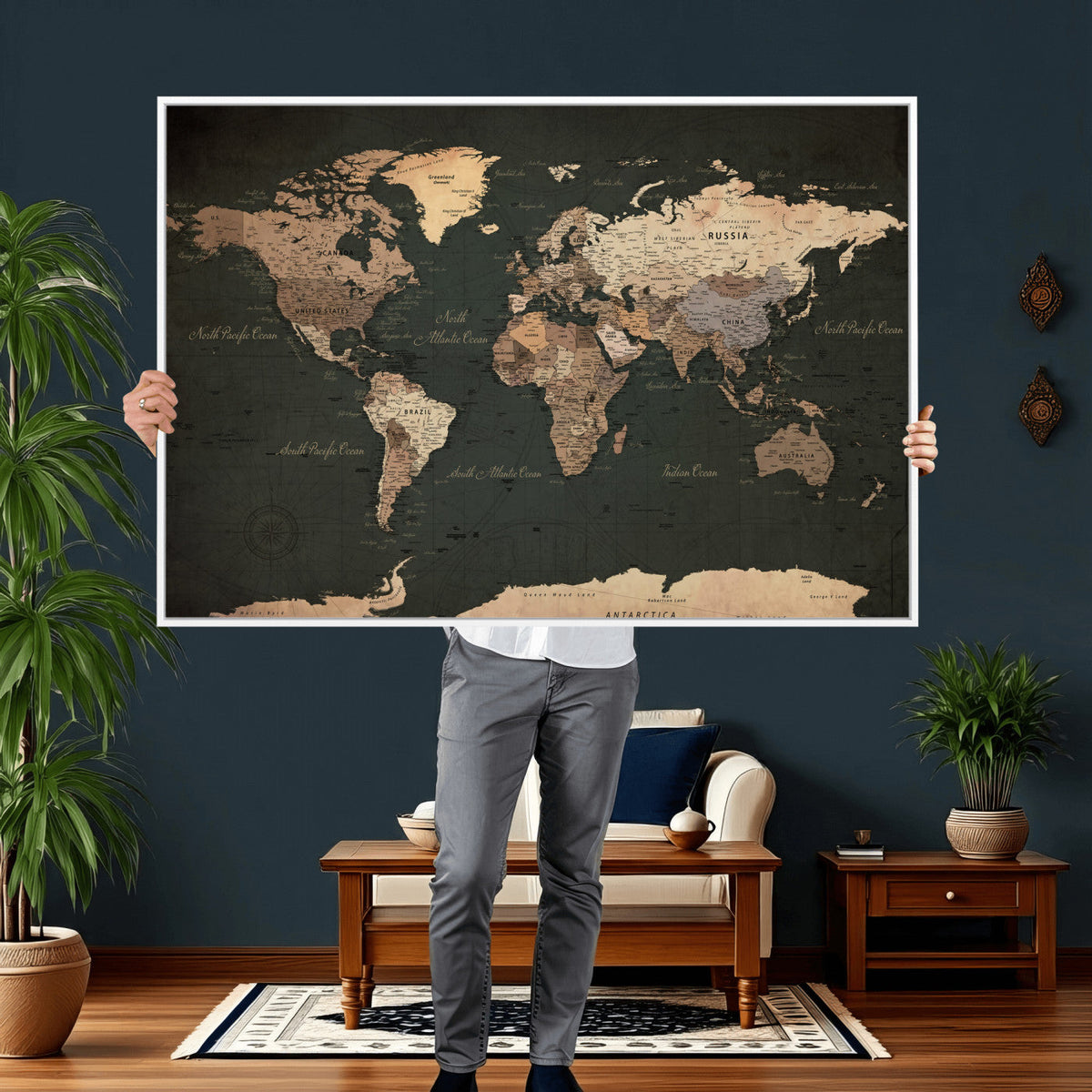 Vintage World Map Canvas Wall Art – Framed Travel Map for