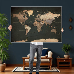 Vintage World Map Canvas Wall Art – Framed Travel Map for