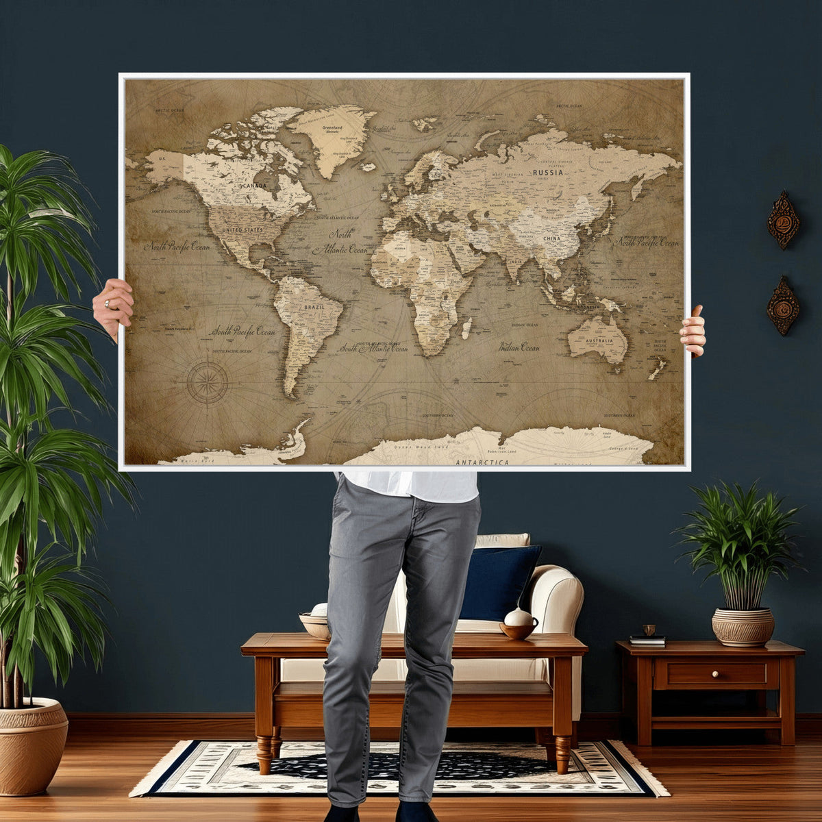World Map Wall Art Canvas Print, Framed Map Art Picture