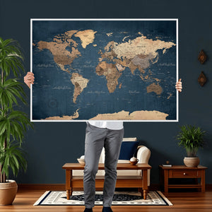 Navy Blue World Map Canvas Print – Framed Travel Map Wall