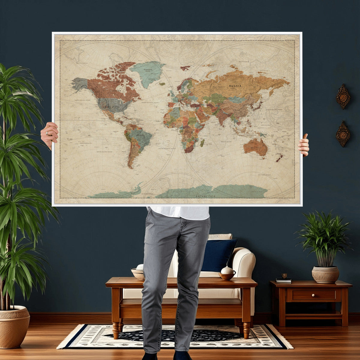 Vintage World Map Canvas Wall Art Print – Framed Modern