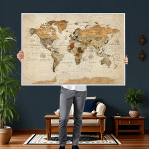 Rustic Vintage World Map Canvas Print – Framed Modern