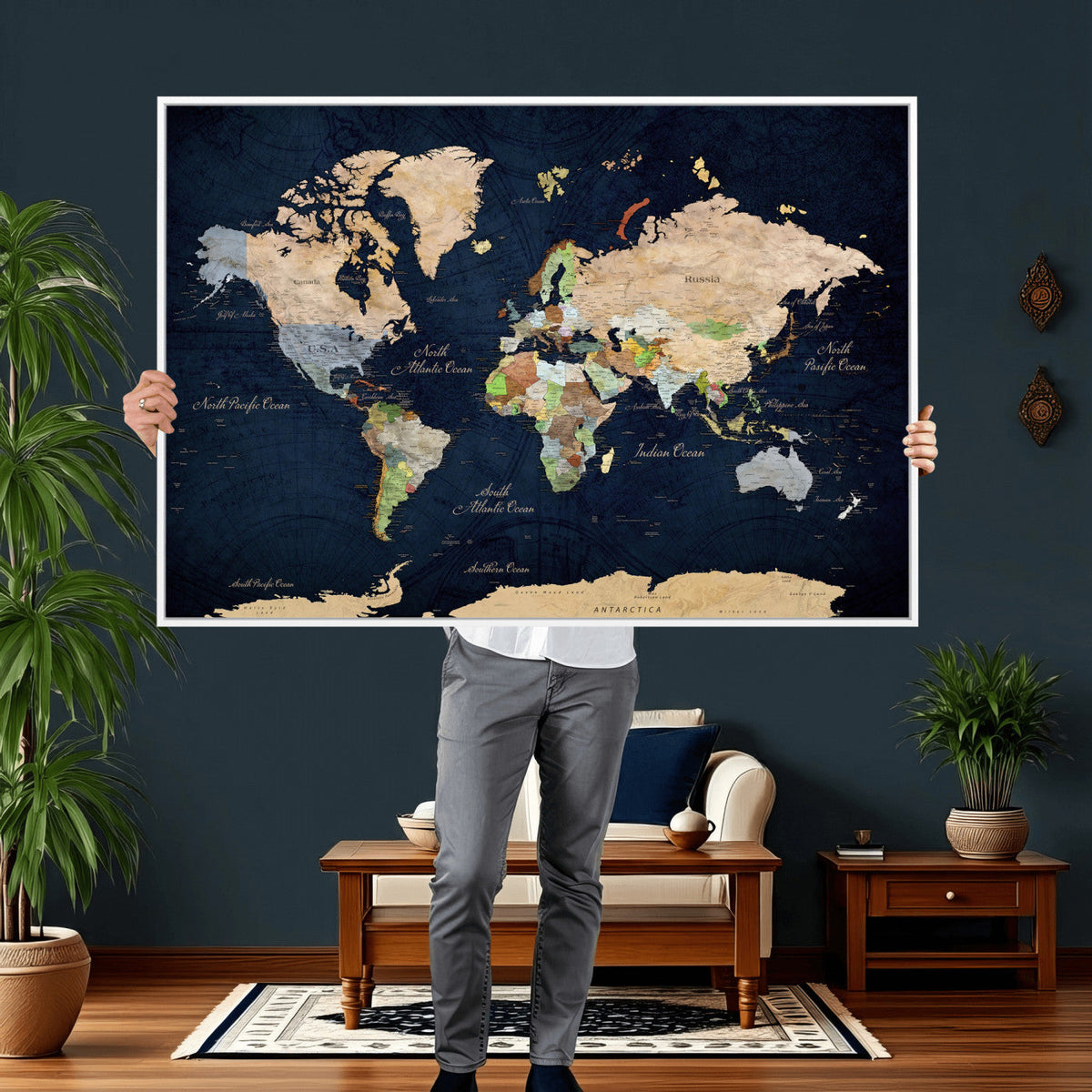 Minimalist World Map Canvas Wall Art - Watercolor Blue and
