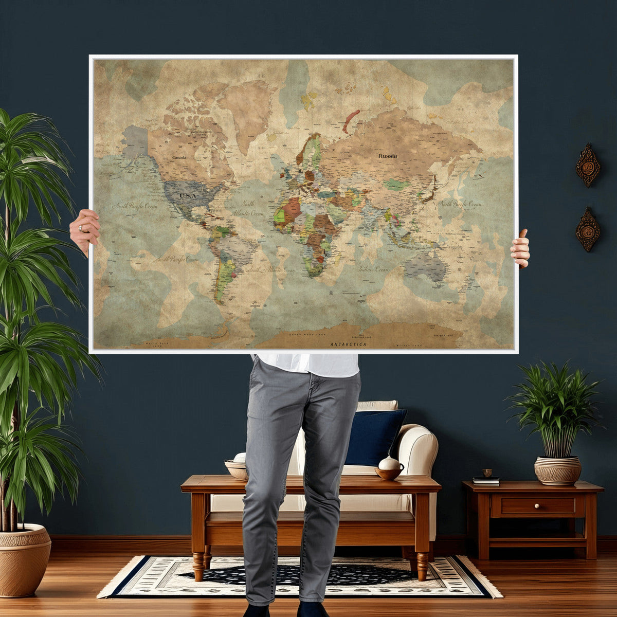 World Map Wall Art Canvas Print, Rustic Map Print, Framed