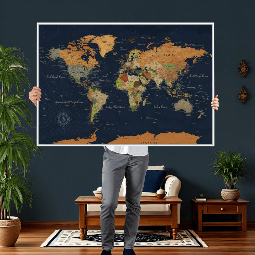 Modern World Map Canvas Print – Framed Detailed Map of the