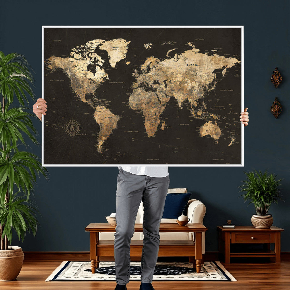 Framed World Map with Pin Canvas Print – Detailed World Map
