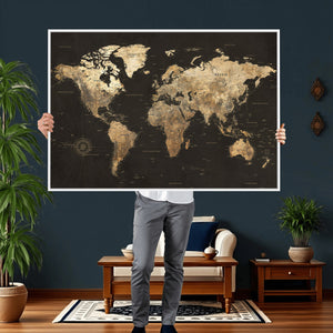 Framed World Map with Pin Canvas Print – Detailed World Map