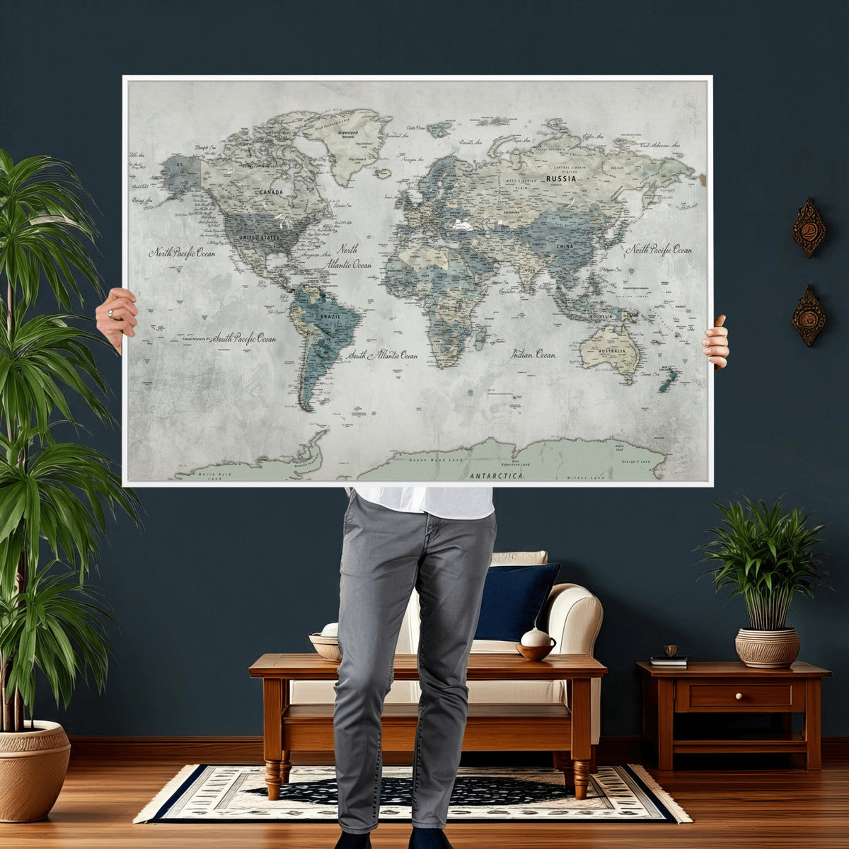 Neutral Vintage World Map Canvas Wall Art Print, Classic Map