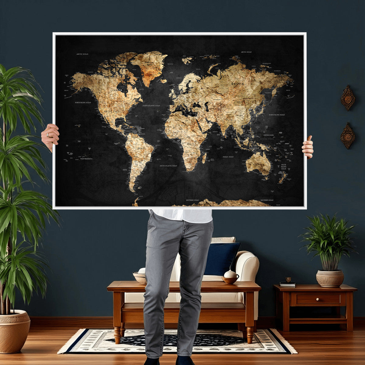 World Map Canvas Wall Art with Famous Landmarks – Framed