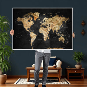 World Map Canvas Wall Art with Famous Landmarks – Framed