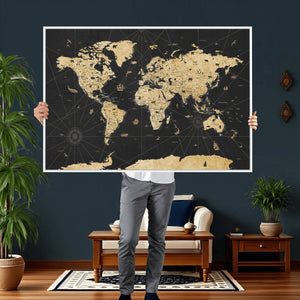 Vintage Blue and Brown World Map Canvas Wall Art – Framed