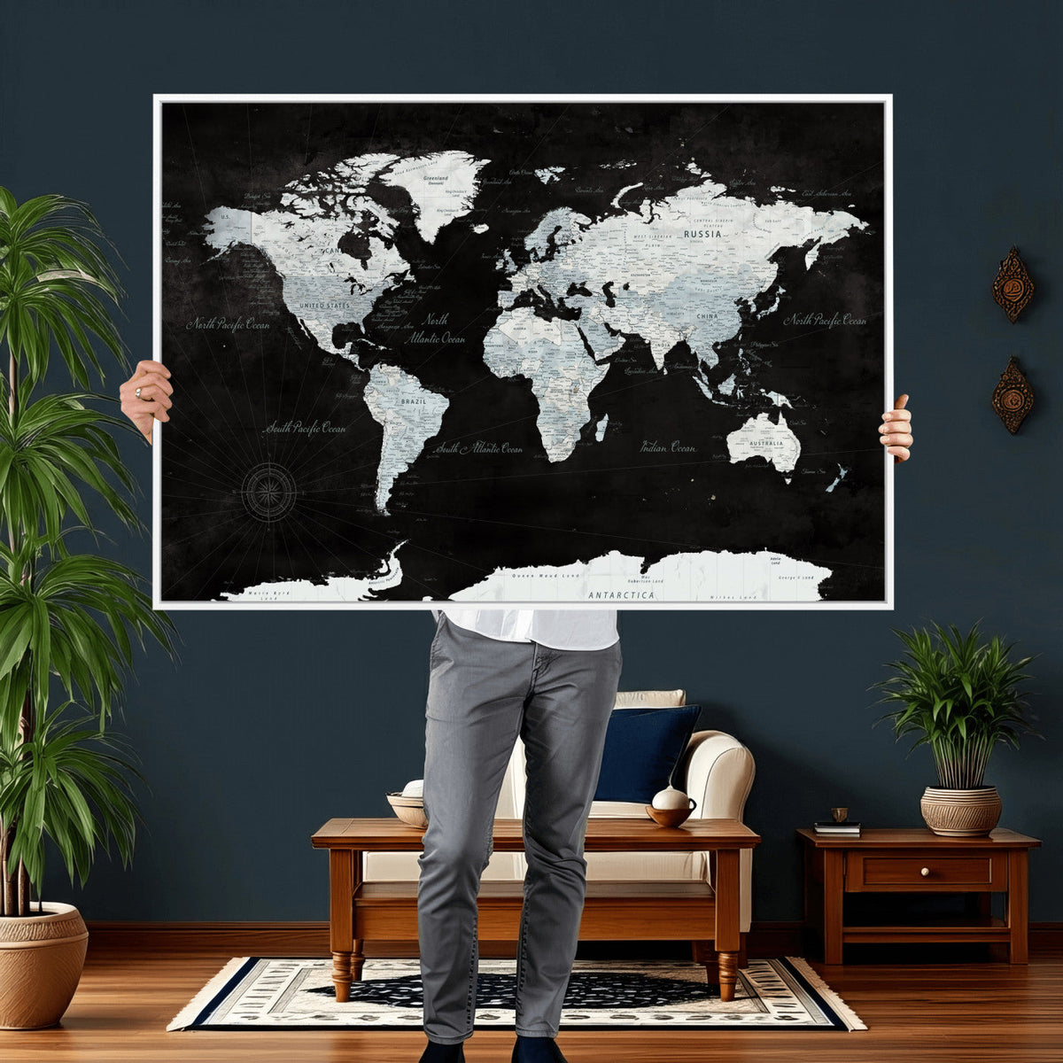 World Map Canvas Print – Framed Push Pin Wall Art, Color