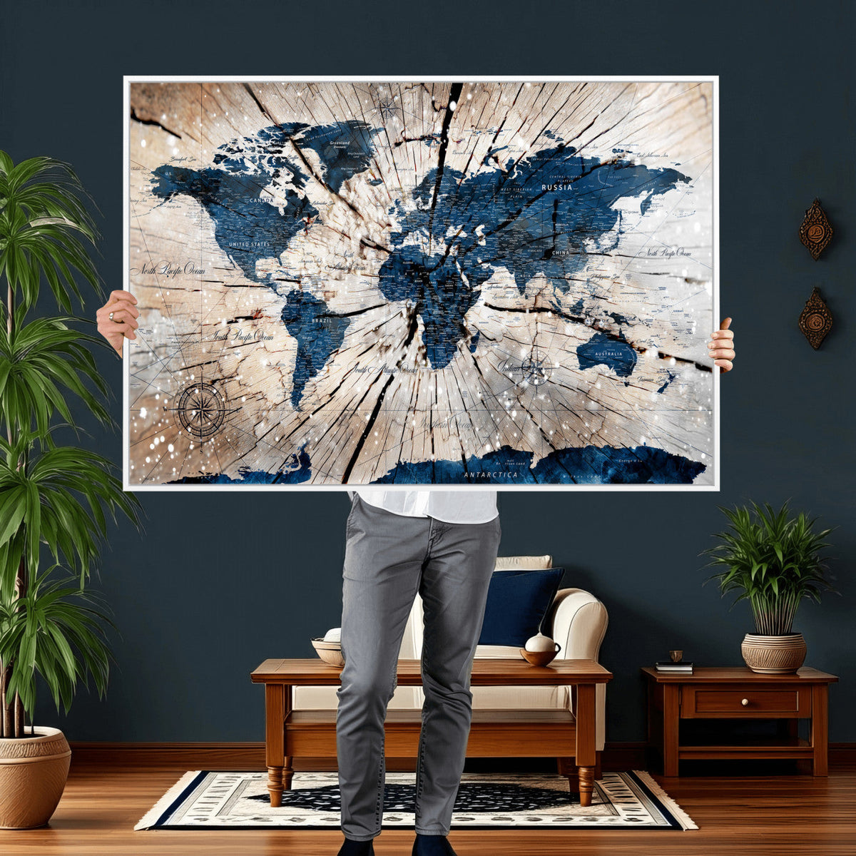 Rustic World Map Canvas Print – Framed Wall Art for Couples,