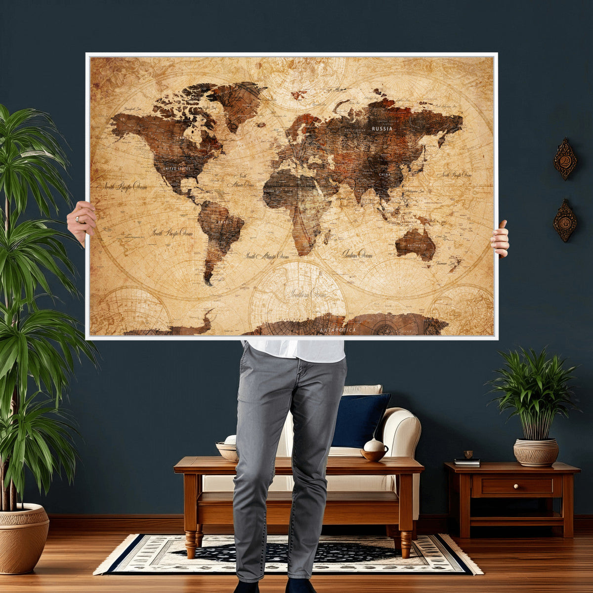 Modern Red and Gray World Map Canvas Print – Framed Wall Art
