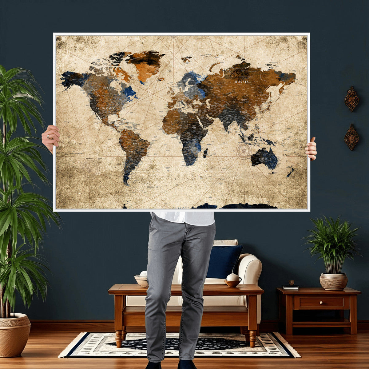 World Map Wall Art – Rustic Earth Tone Canvas Print, Antique