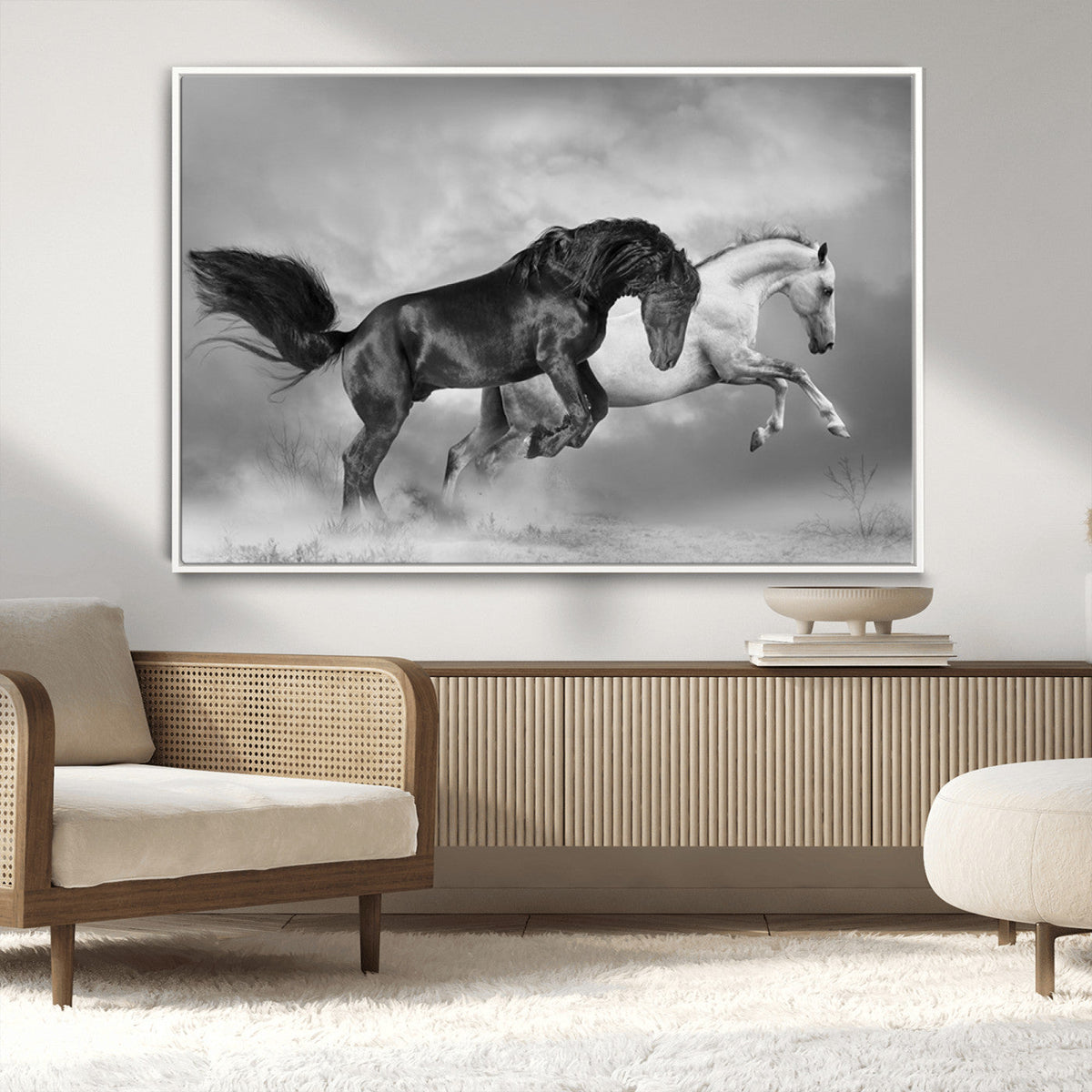 Wild Horses Wall Art Canvas Print – Framed Black and White