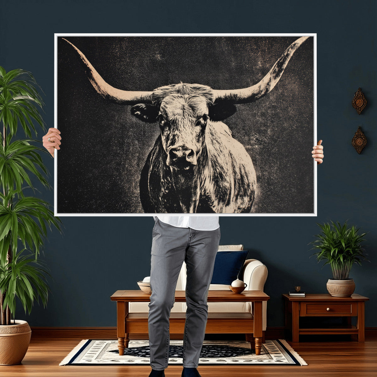 Vintage Texas Longhorn Bull Wall Art Canvas Print, Cow