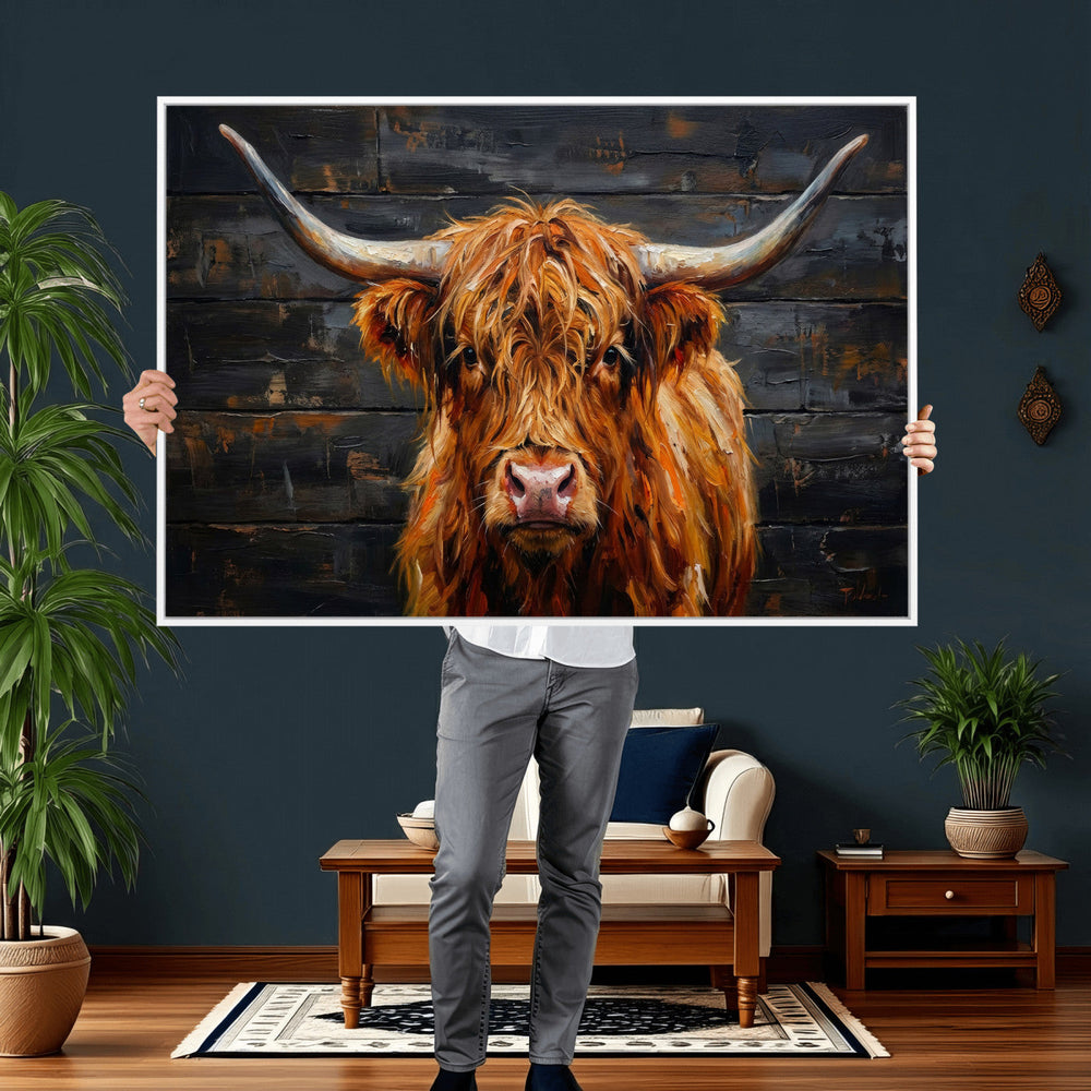 Highland Cow Wall Art Canvas Print, Rustic Farm Animal