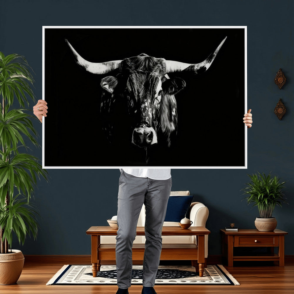Black Bull Wall Art Canvas Print, Dark Longhorn Portrait