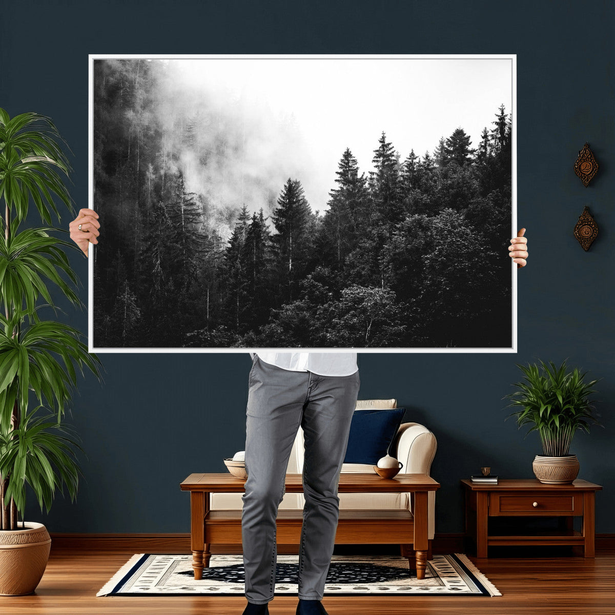 Black White Forest Wall Art Canvas Print, Misty Pine Tree