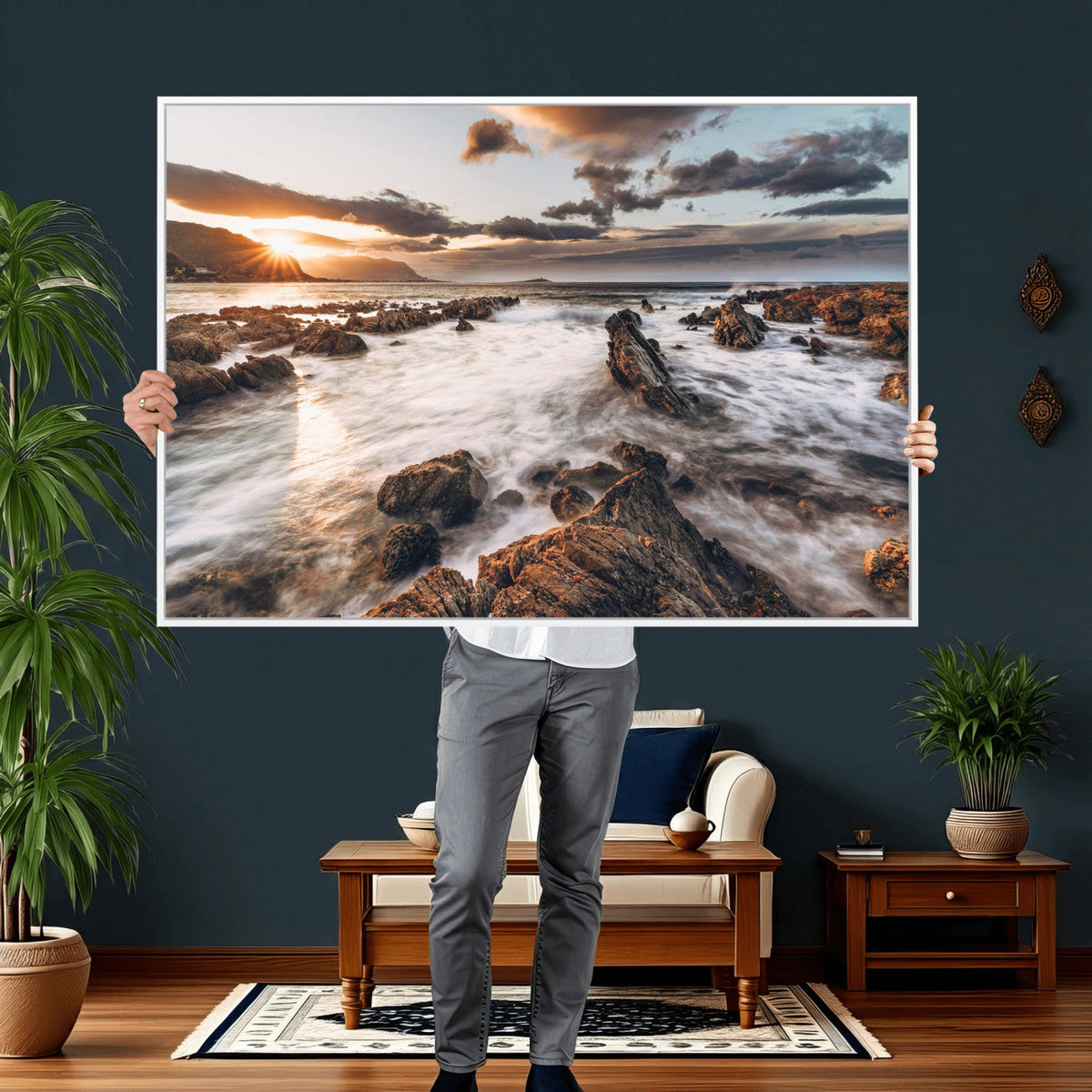 Rocky Coast Ocean Sunset Wall Art Canvas Print, Dramatic
