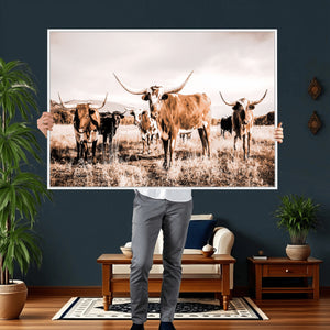 Texas Longhorn Cattle Wall Art Canvas Print, Sepia Western