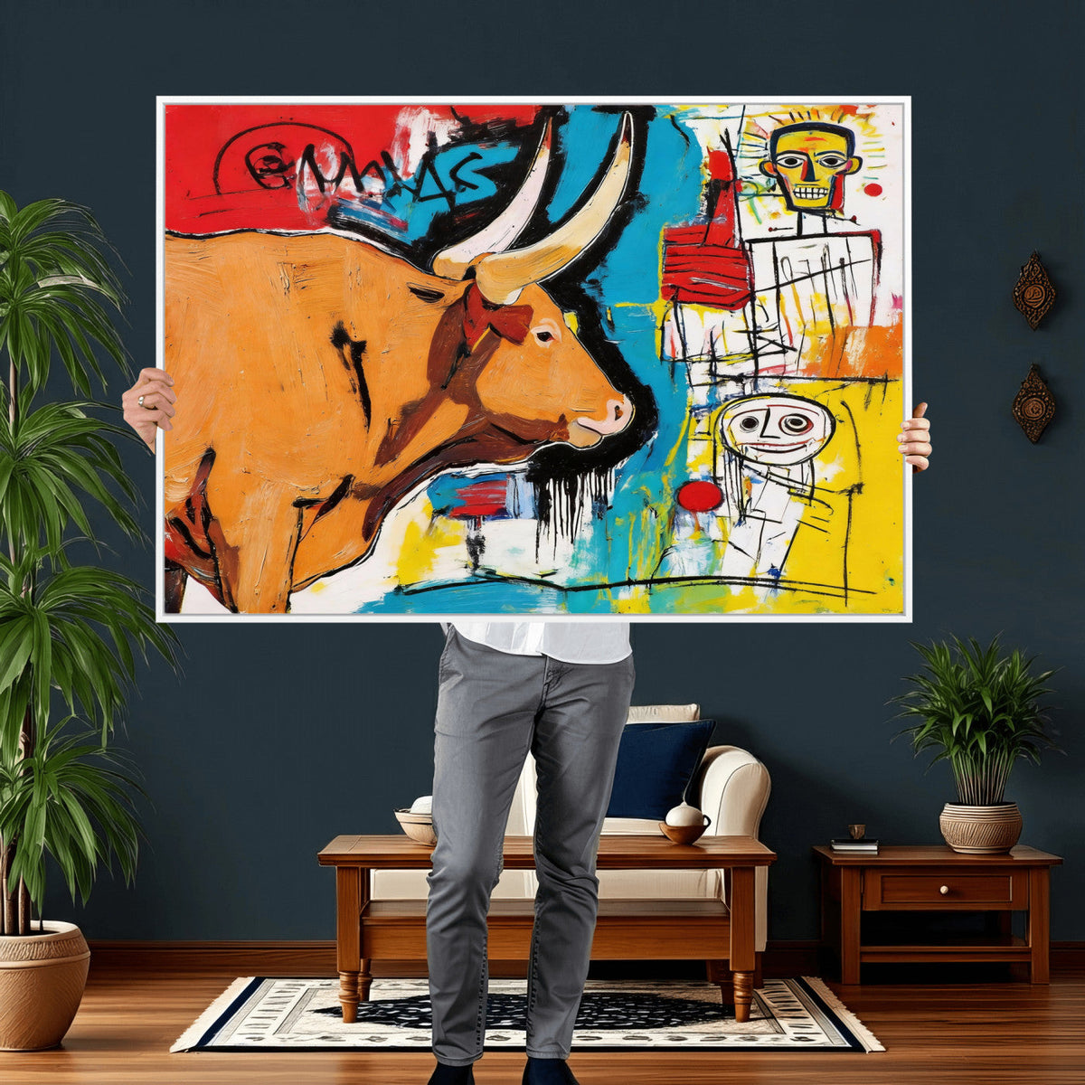 Basquiat Style Bull Graffiti Wall Art Canvas Print, Street