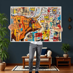 Basquiat Style Bull Graffiti Wall Art Canvas Print, Street