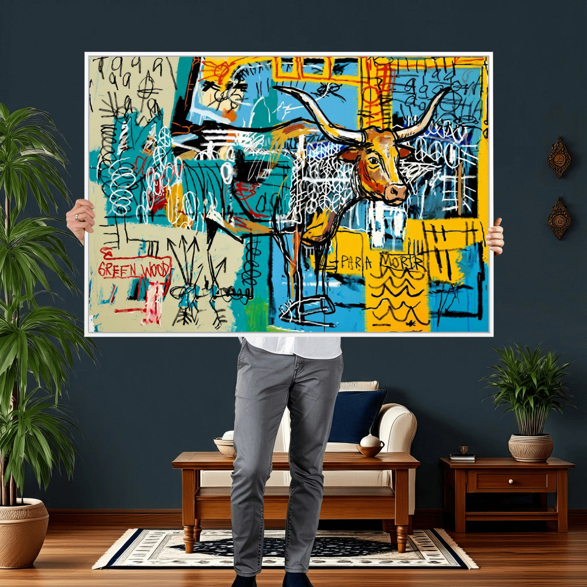 Basquiat Style Bird Bull Graffiti Wall Art Canvas Print,
