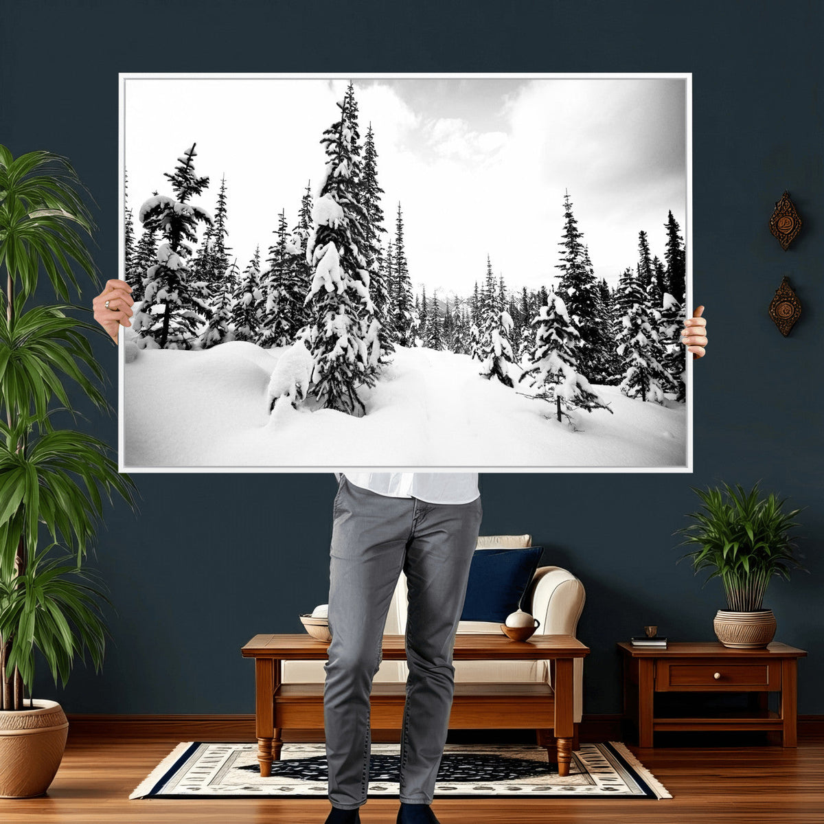 Black and White Snowy Pine Forest Wall Art Canvas Print,