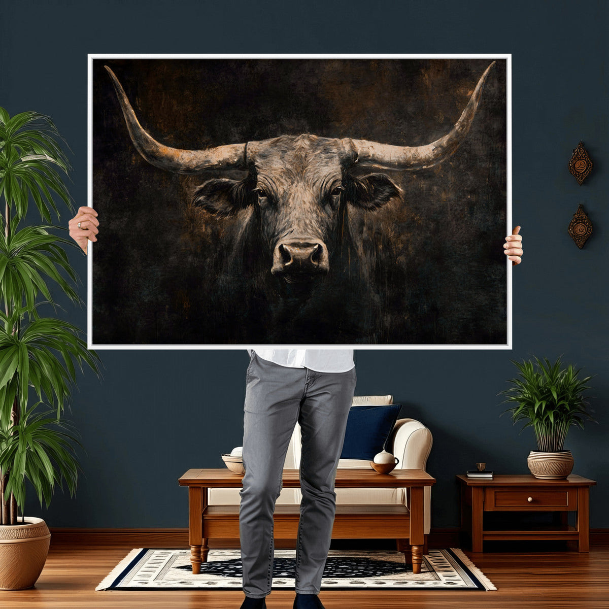 Vintage Longhorn Bull Wall Art Canvas Print – Rustic Western