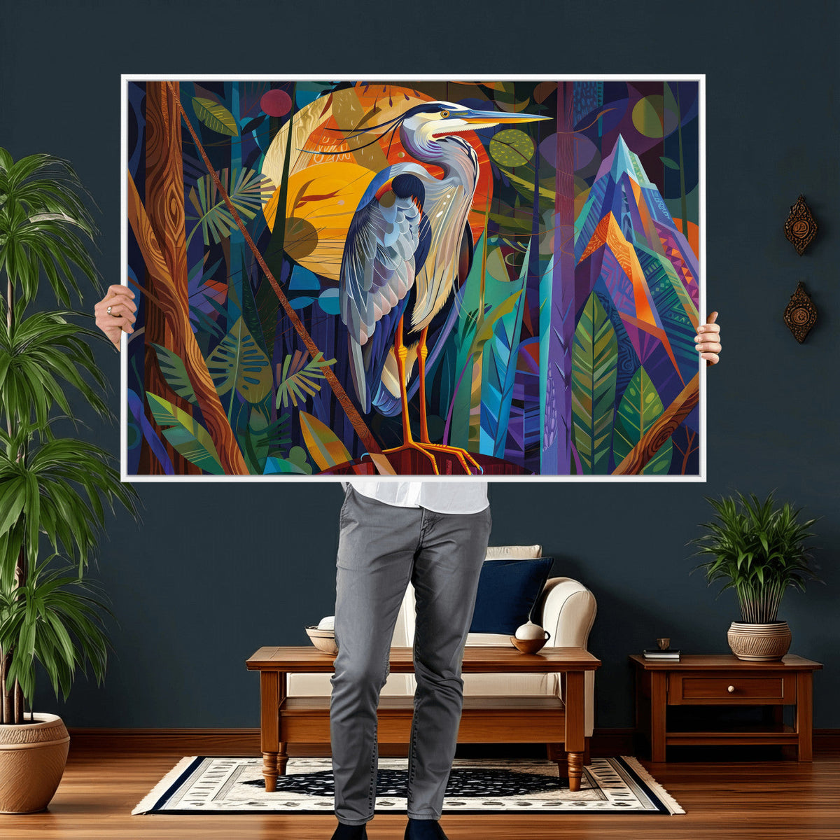 Colorful Heron Wall Art Canvas Print Tropical Bird Abstract