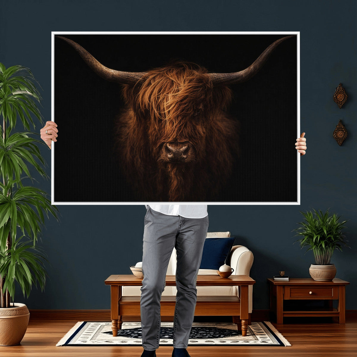 Highland Cow Wall Art Canvas Print – Moody Dark Rustic