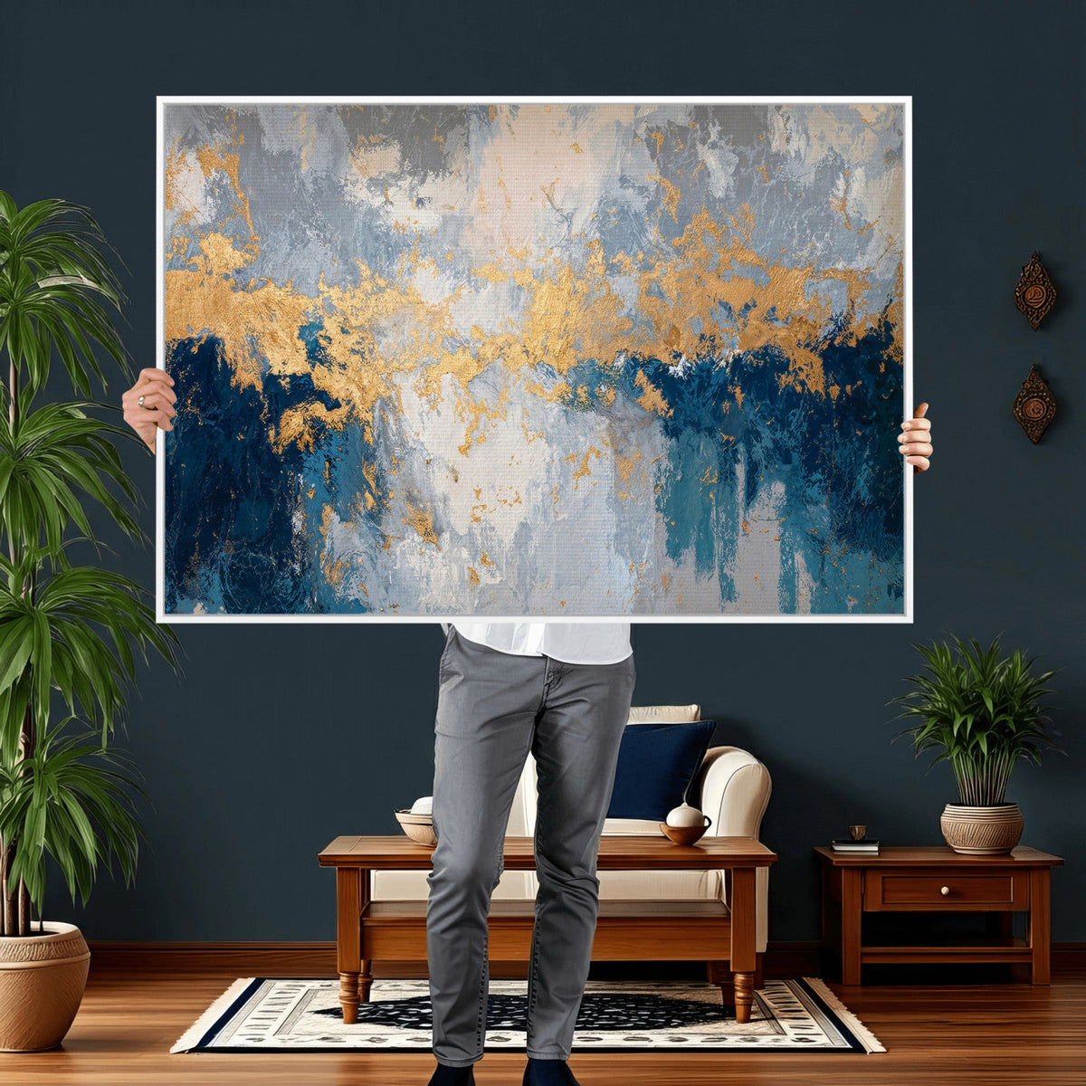 Blue Gold Abstract Large Framed Canvas Wall Art, Modern