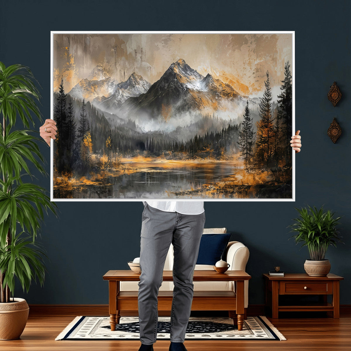 Mountain Lake Canvas Wall Art — Rustic Forest Landscape