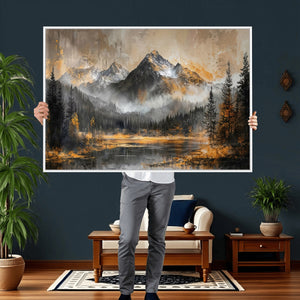 Mountain Lake Canvas Wall Art — Rustic Forest Landscape