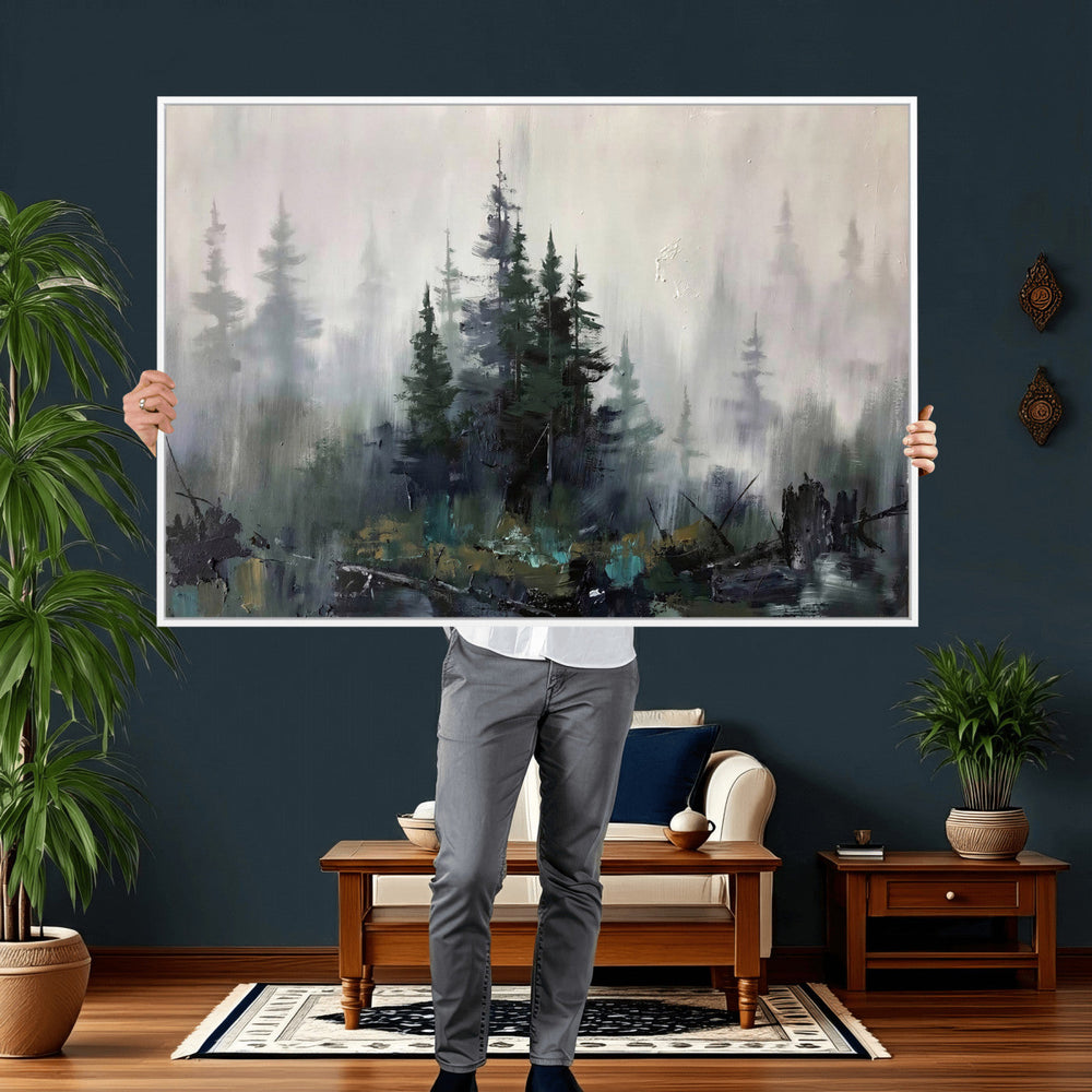 Misty Pine Forest Oil Painting Canvas — Dark Moody Teal Grey