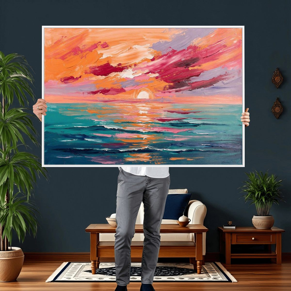 Bold Palette Knife Ocean Sunset Canvas — Orange Pink Teal