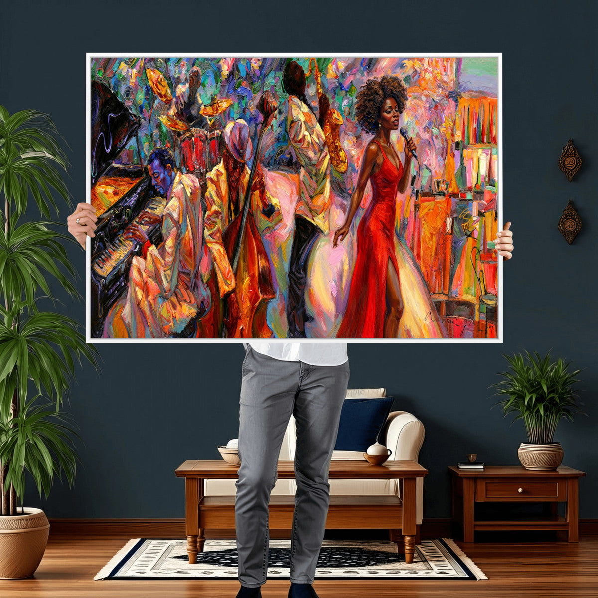 African American Jazz Singer Canvas Art — Red Dress Black