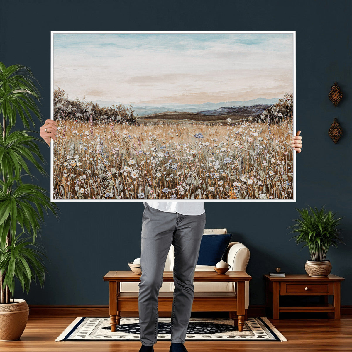 Neutral Wildflower Field Canvas Wall Art — Beige Earth Tone