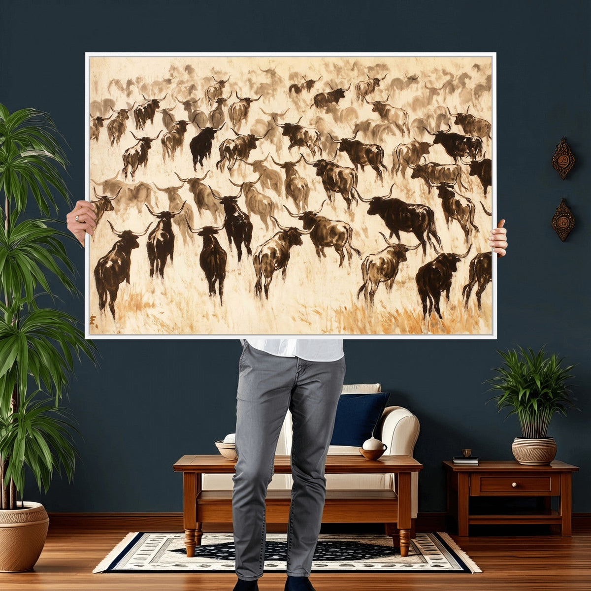 Texas Longhorn Sepia Canvas Wall Art, Western Cattle