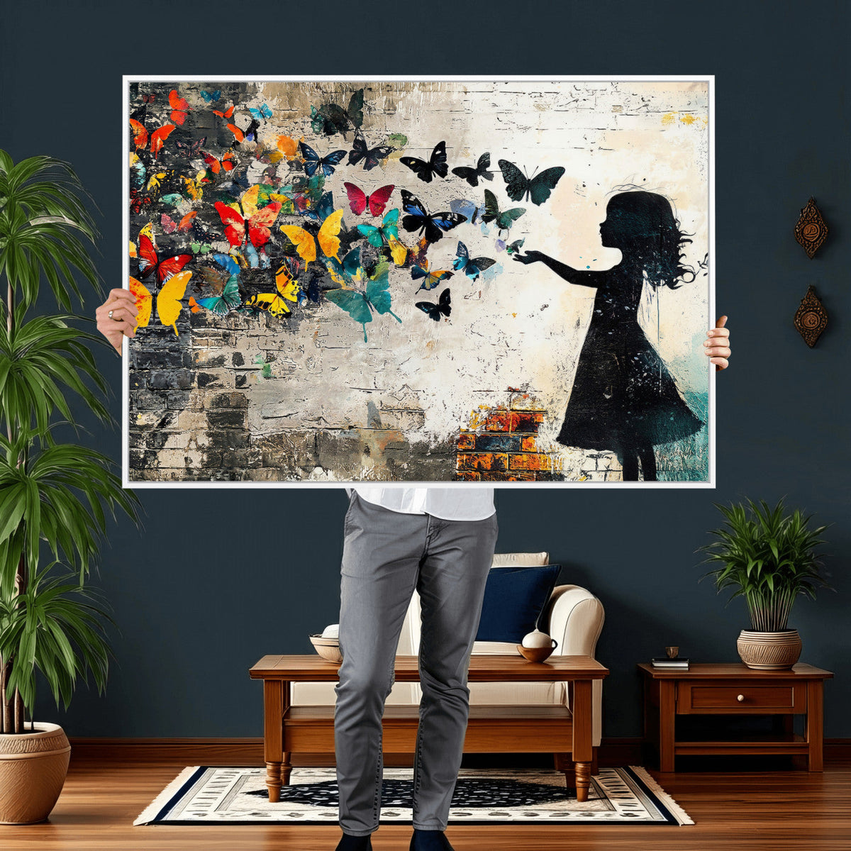 Banksy Butterfly Girl Wall Art Canvas Print, Framed Street