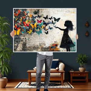 Banksy Butterfly Girl Wall Art Canvas Print, Framed Street