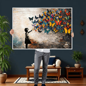 Banksy Graffiti Butterfly Girl Wall Art Canvas Print, Framed
