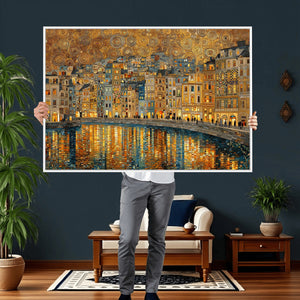 Gustav Klimt Golden Cityscape Wall Art Canvas Print, Framed